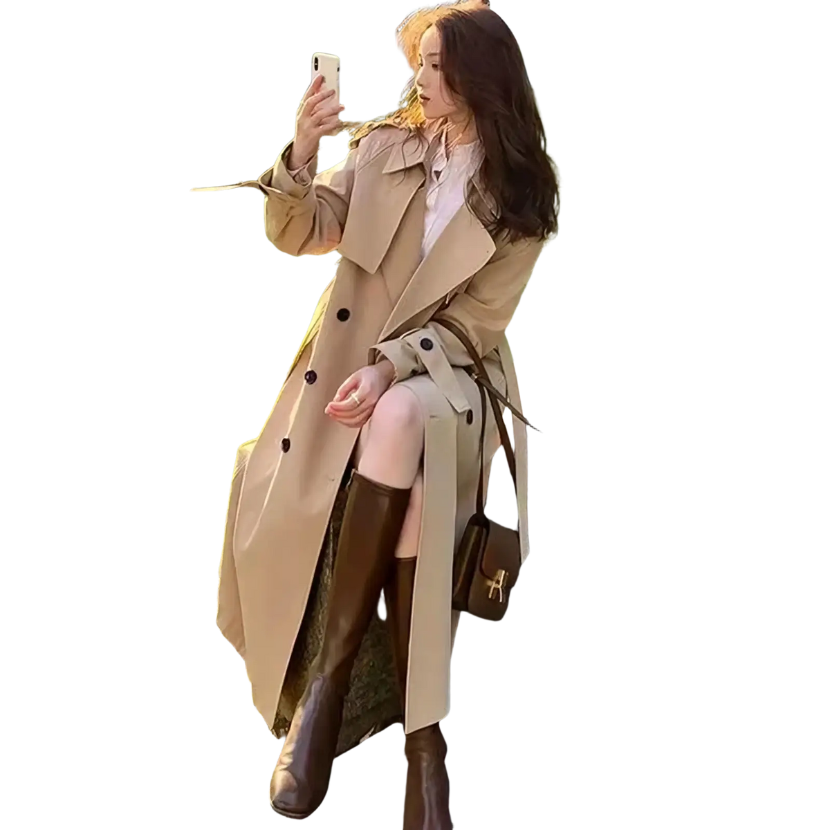 Beige women double-breasted trench coat with black buttons and belted waist casual windbreaker