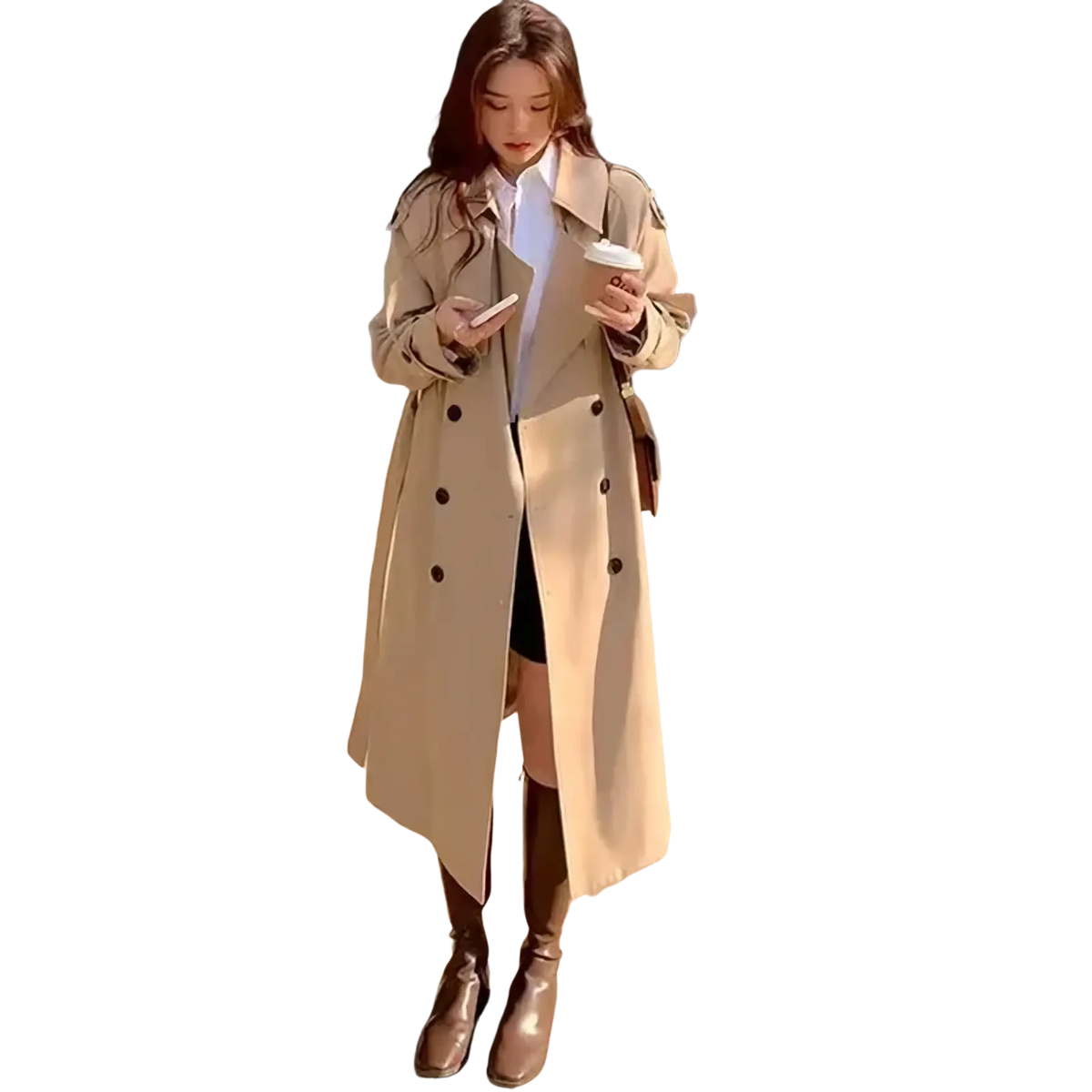 Beige women double-breasted trench coat with dark buttons casual windbreaker perfect for everyday use