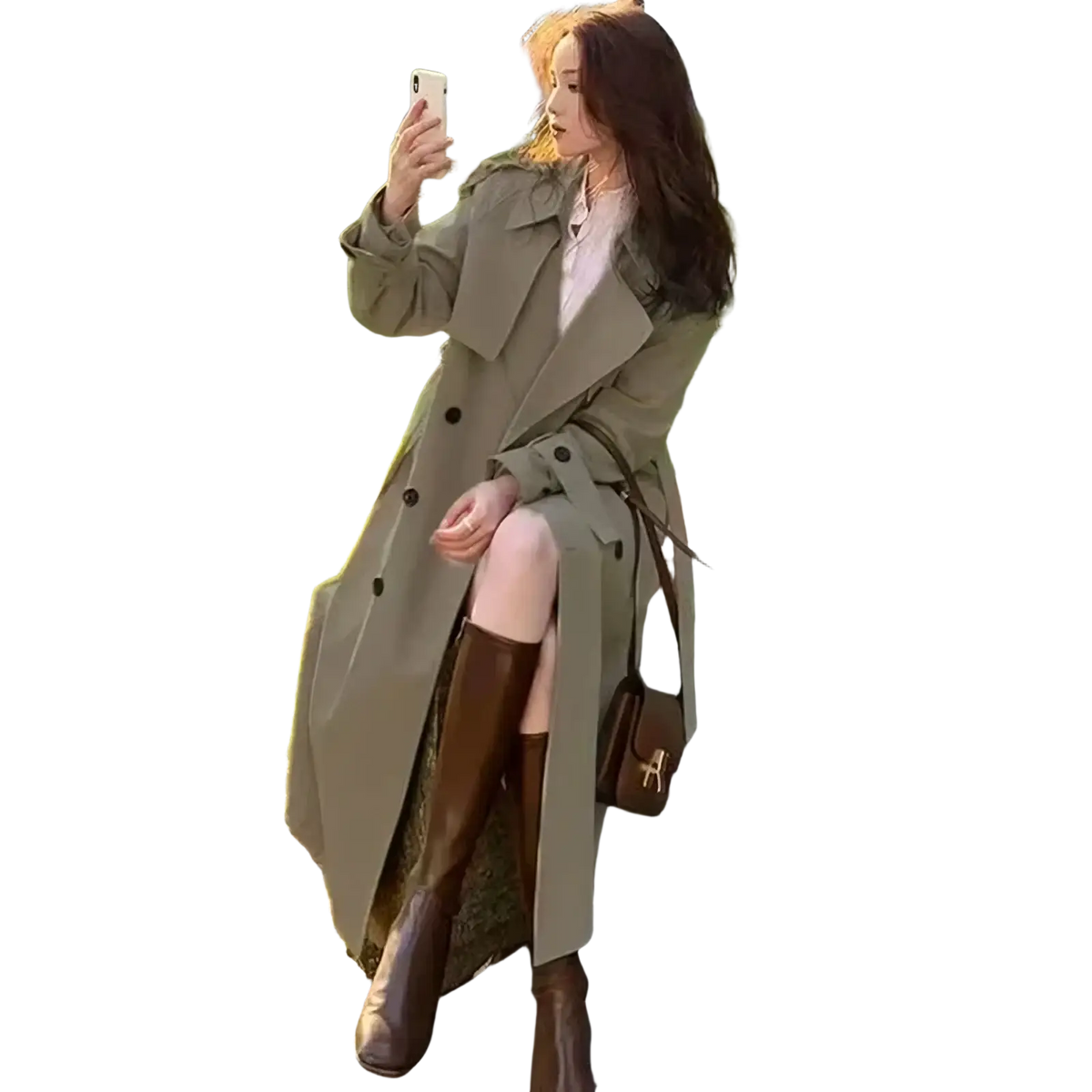 Olive green women double-breasted trench coat with black buttons casual windbreaker in classic design