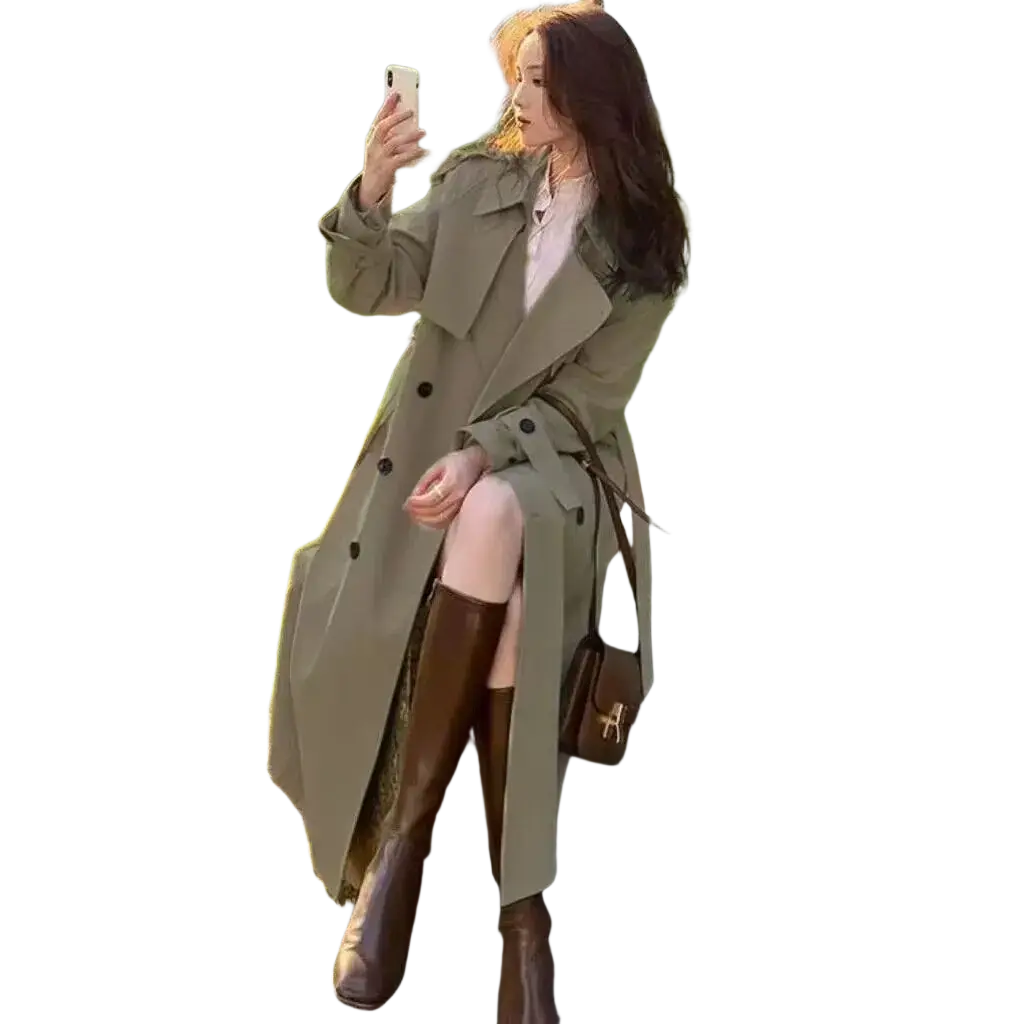 Women double breasted trench coat in olive green featuring black buttons and a classic double breasted design
