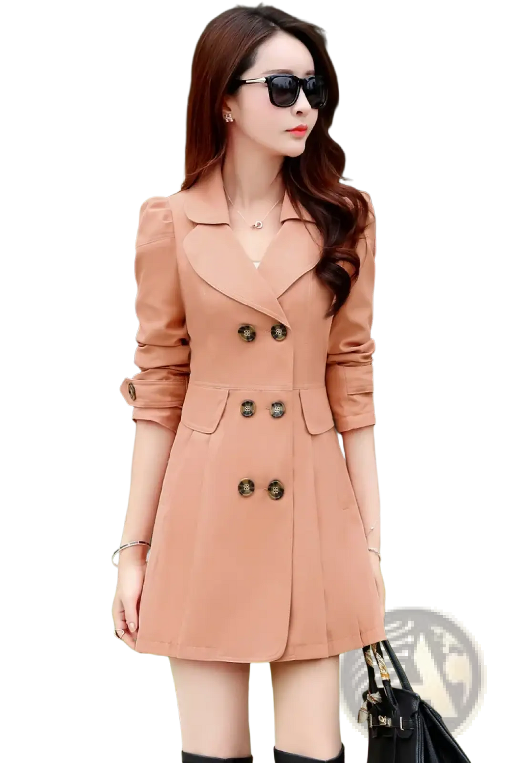 A stylish peach-colored women double-breasted trench coat with decorative buttons and rolled-up sleeves