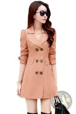A stylish peach-colored women double-breasted trench coat with decorative buttons and rolled-up sleeves