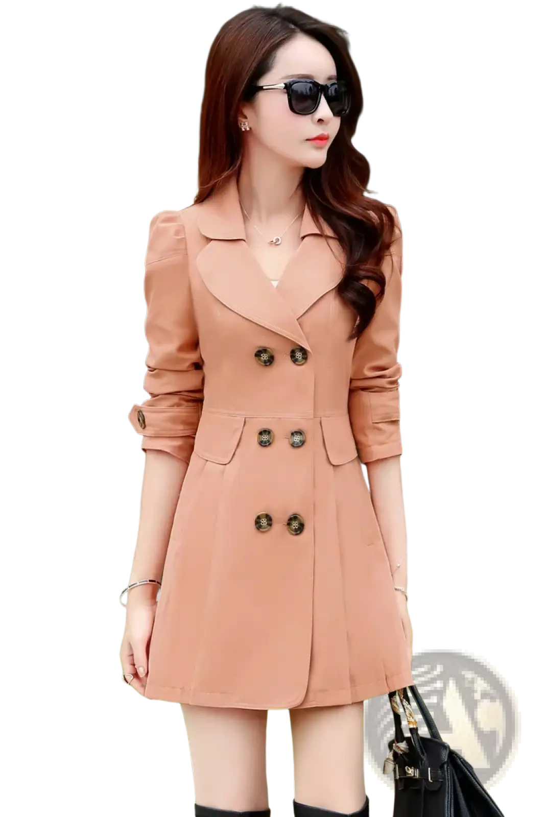 A stylish peach-colored women double-breasted trench coat with decorative buttons and rolled-up sleeves