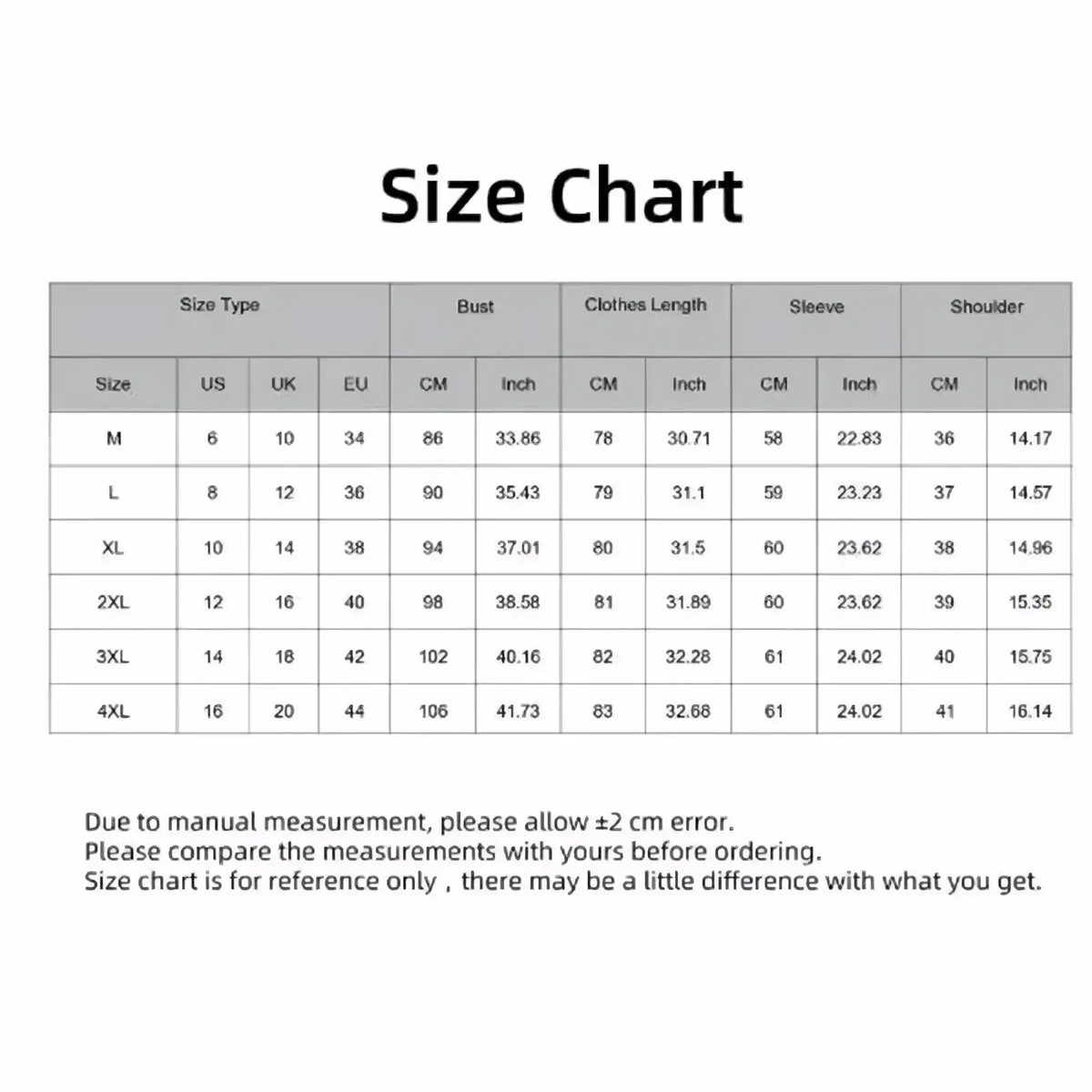 Size chart for women double breasted trench coat showing measurements in multiple units from M to 4XL sizes