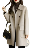 Beige double breasted wool coat for women with classic collar and front pockets in a warm wool material