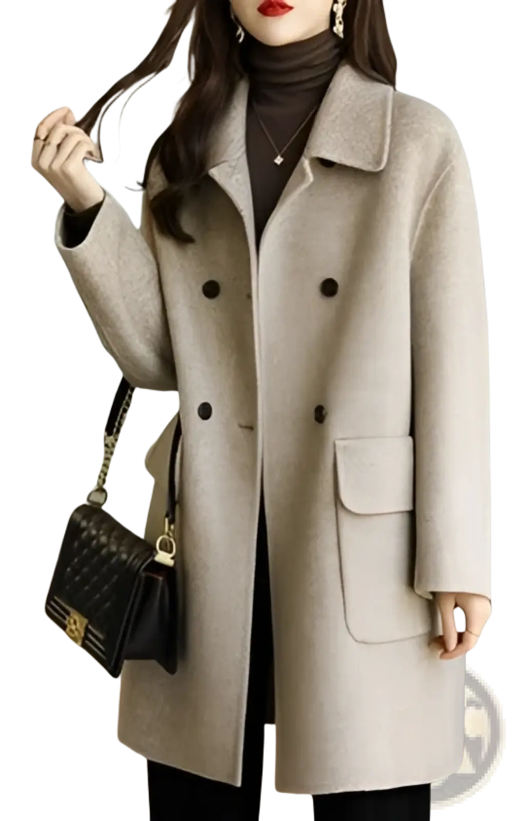 Beige double breasted wool coat for women with classic collar and front pockets in a warm wool material