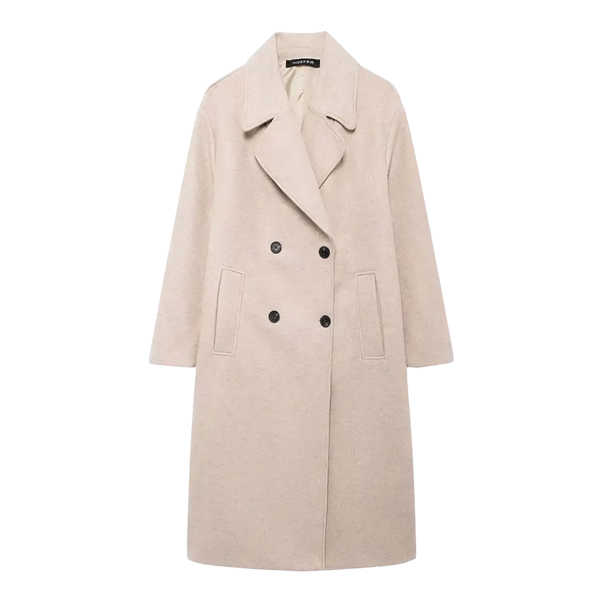 Women double breasted wool coat in beige with classic collar and black buttons for stylish cold weather wear