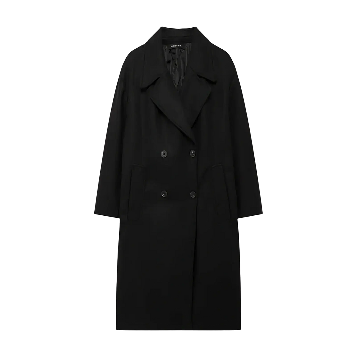 Women double breasted wool coat in black with classic collar and front pockets for elegant outerwear