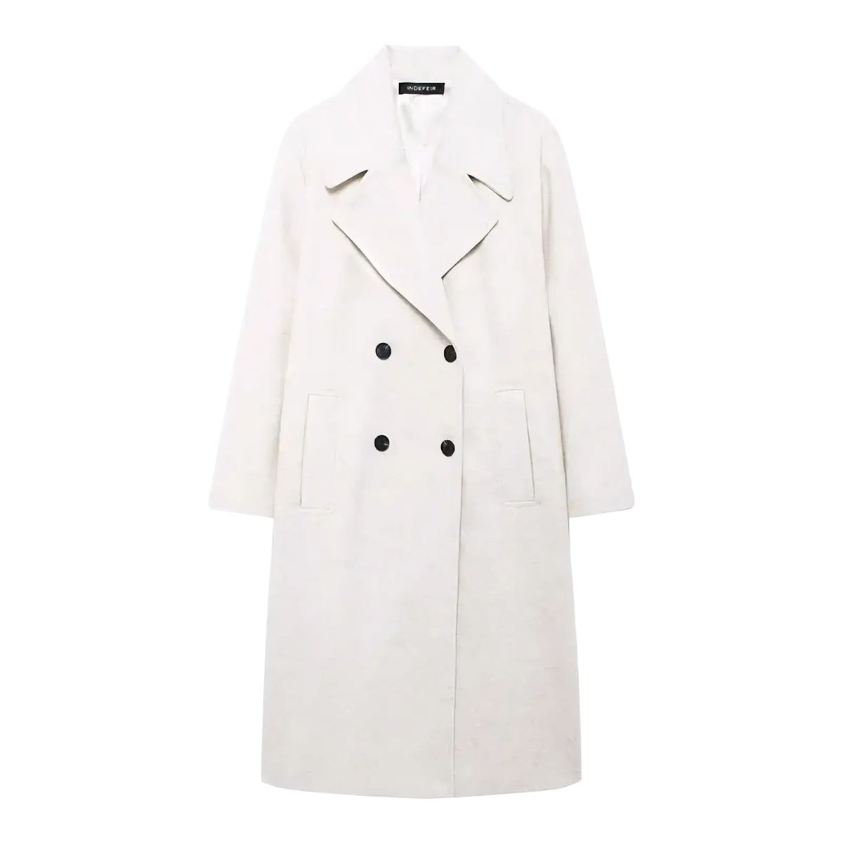 Women double breasted white wool coat with black buttons and a notched collar for elegant cold weather wear