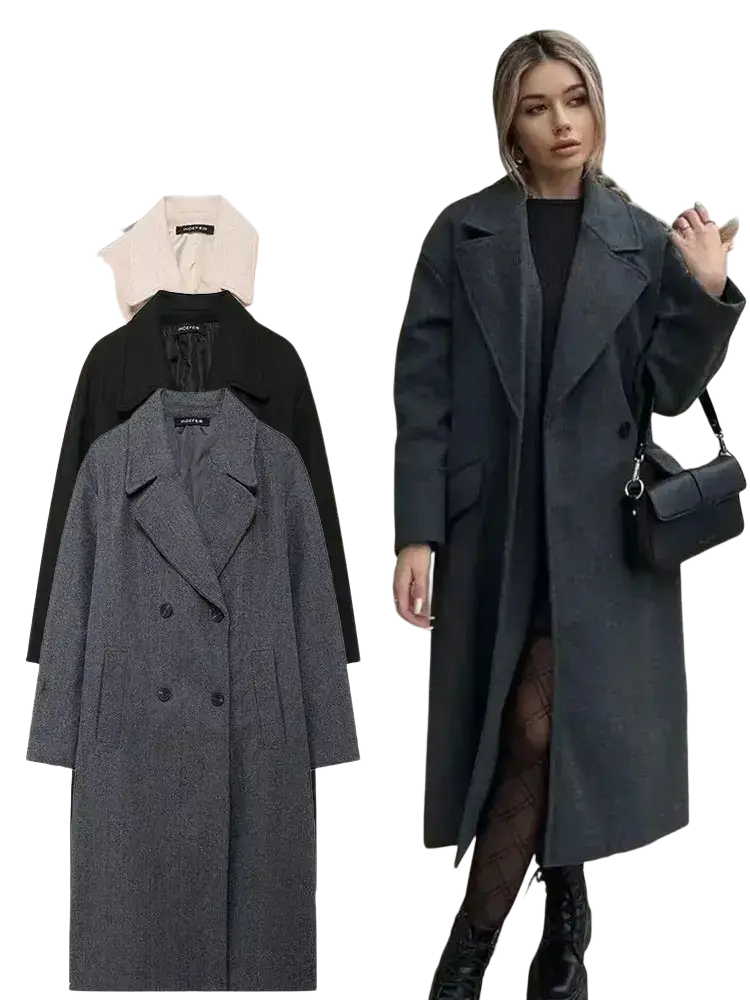 Women double breasted dark gray wool coat with classic collar and front pockets for stylish cold weather wear