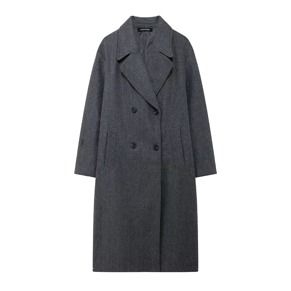 Women double breasted dark gray wool coat with notched collar and black buttons for formal outerwear