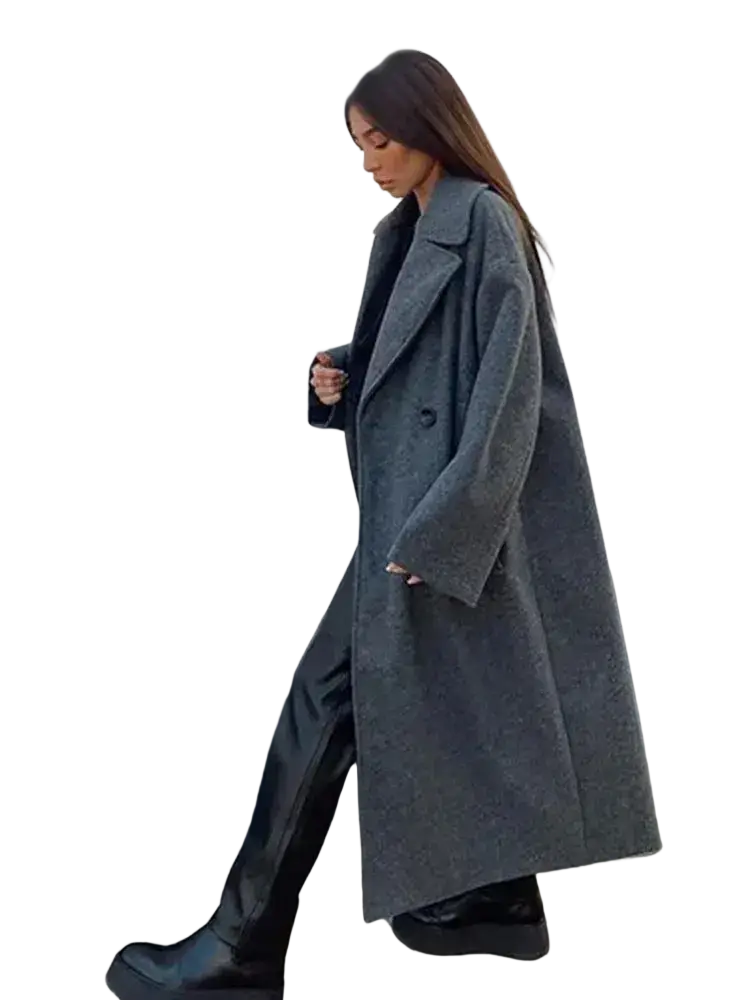 Women double breasted wool coat in dark gray with classic wide lapels and long tailored design