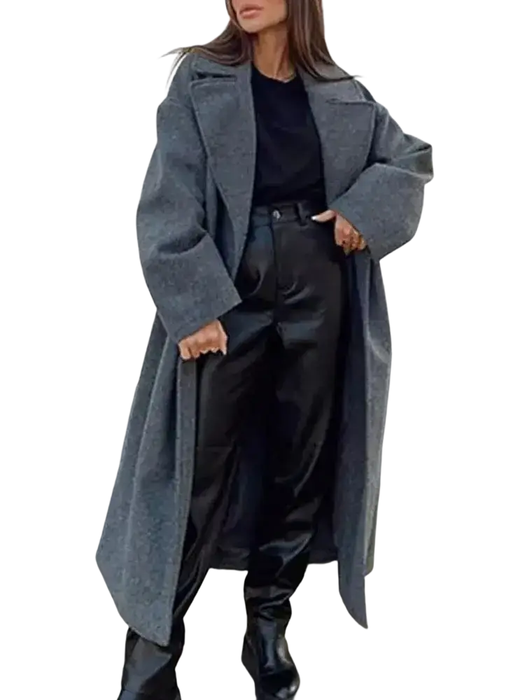 Women double breasted wool coat in gray with oversized fit classic collar and wide sleeves for stylish warmth