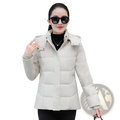 Beige quilted women down jacket with hood and silver-toned snap buttons designed for warm winter wear