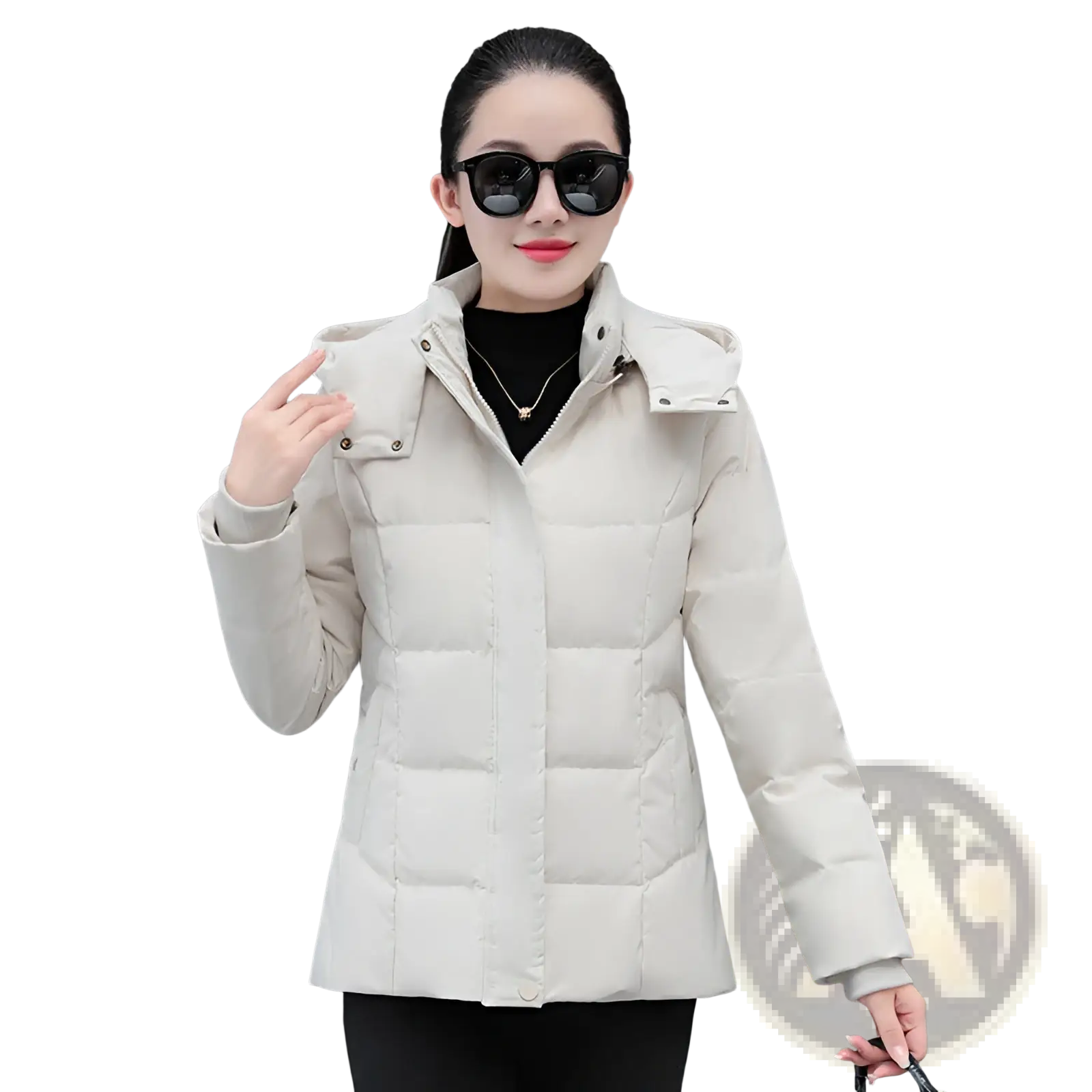Beige quilted women down jacket with hood and silver-toned snap buttons designed for warm winter wear