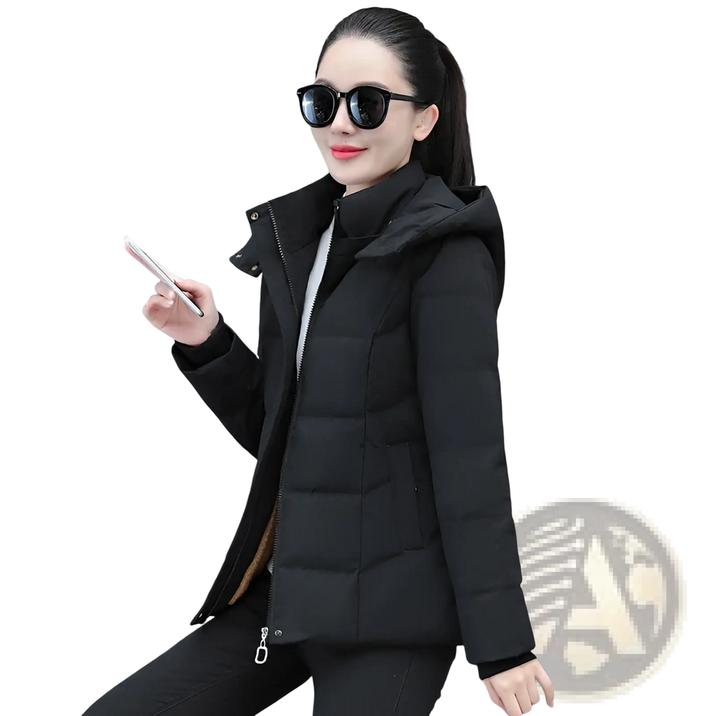 Women down jacket short thick warm black quilted hooded winter puffer coat with high collar and zipper closure