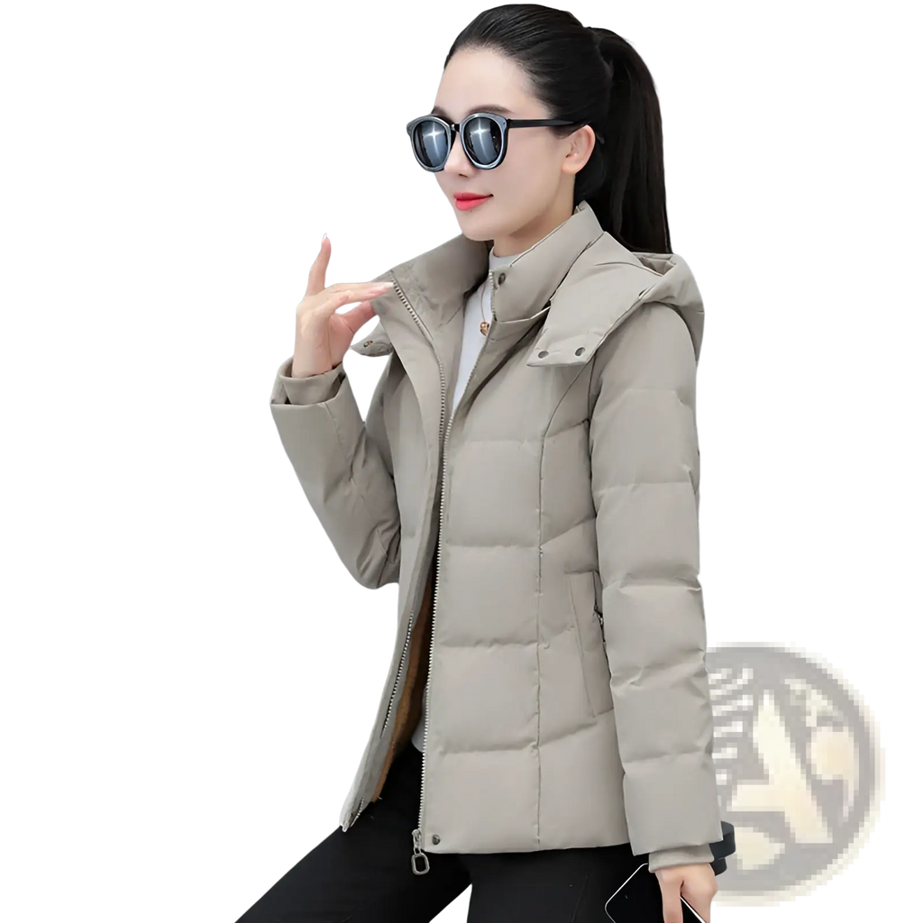 Beige quilted hooded women down jacket with front zipper and snap buttons short thick warm winter puffer coat