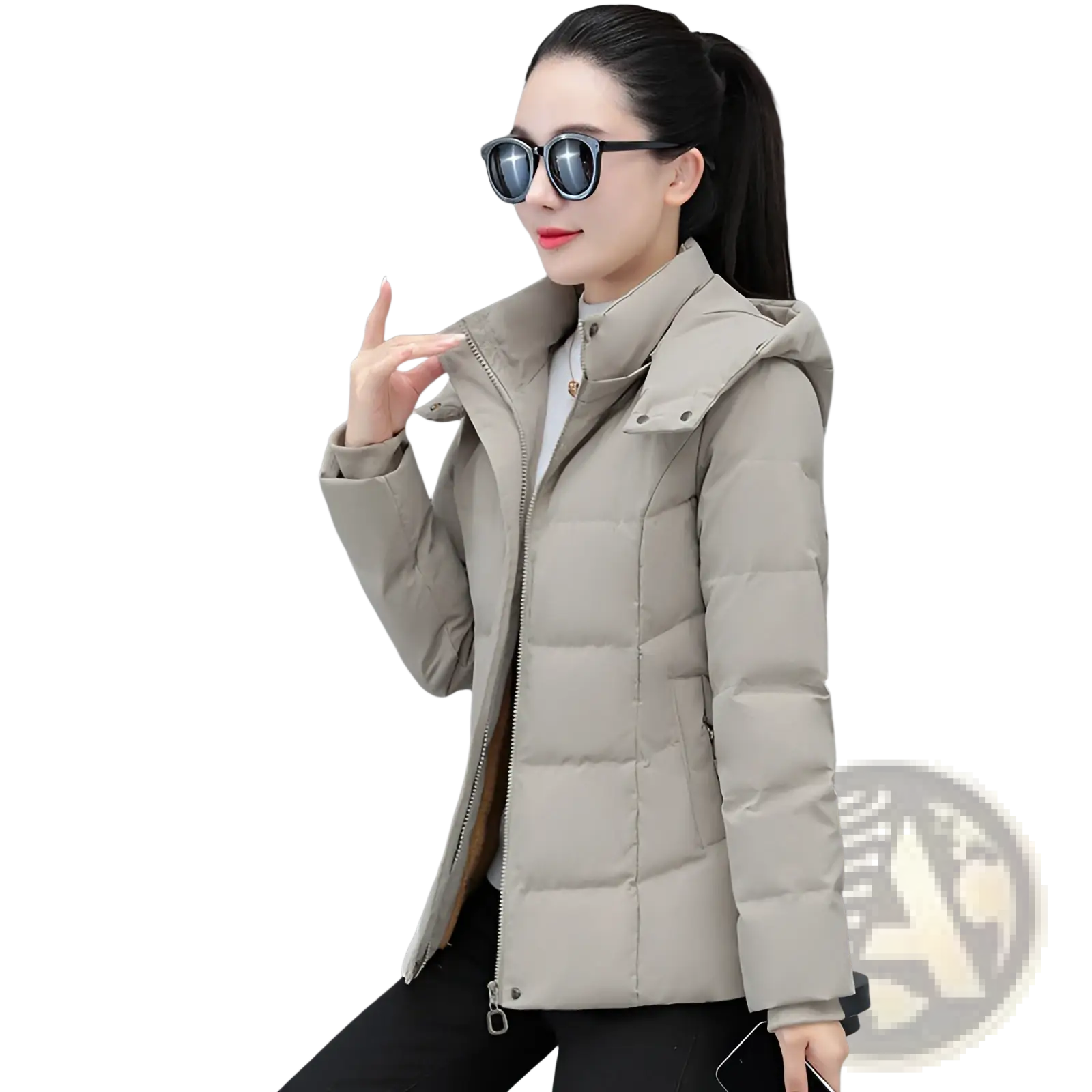 Beige quilted hooded women down jacket with front zipper and snap buttons short thick warm winter puffer coat