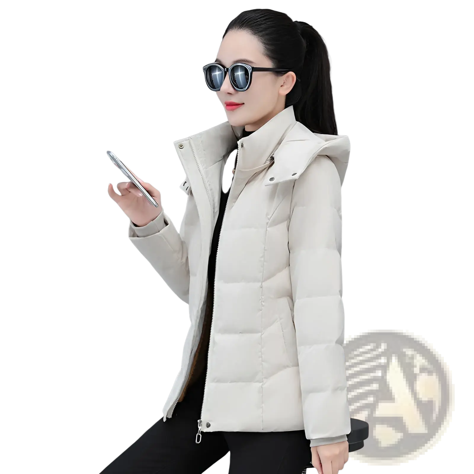 Beige quilted women down jacket with detachable hood and black zipper accents warm winter puffer coat