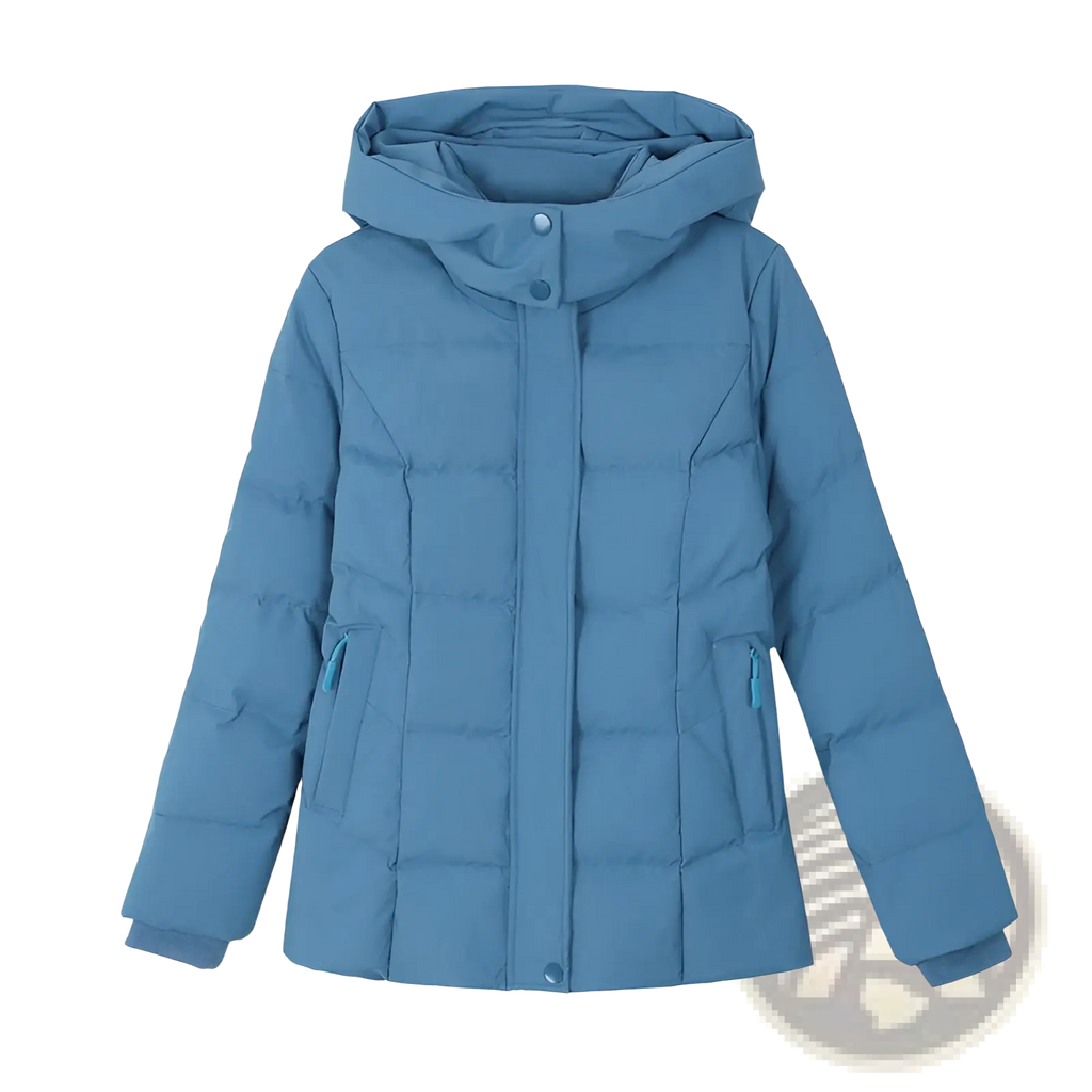 Women down jacket short teal-blue quilted hooded puffer coat with front button closure and zippered pockets