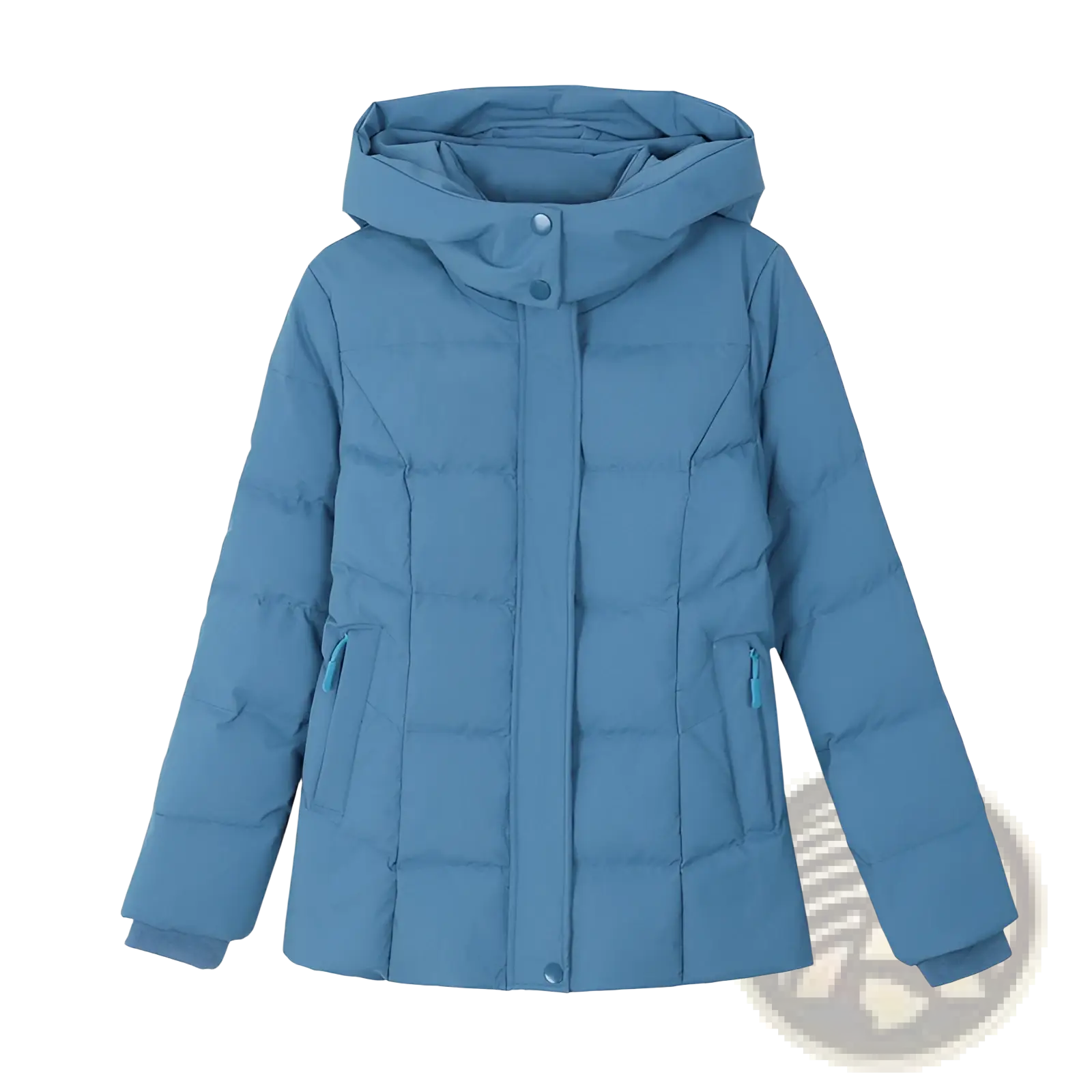 Women down jacket short teal-blue quilted hooded puffer coat with front button closure and zippered pockets