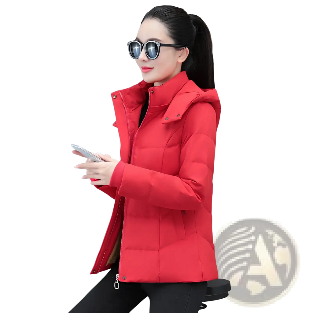 Red quilted women down jacket with hood and front zipper, thick warm short winter puffer coat