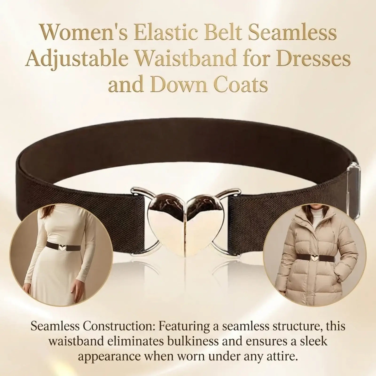 Women elastic belt with black waistband and shiny silver heart-shaped buckle for stylish waist cinching