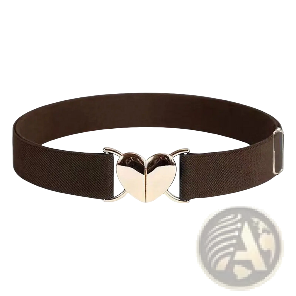 Brown women elastic belt with a shiny gold heart-shaped buckle and stretchable waistband for comfortable wear