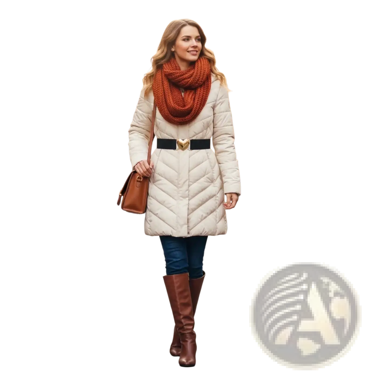 Cream-colored quilted puffer coat with black elastic heart buckle belt featuring gold heart-shaped buckle