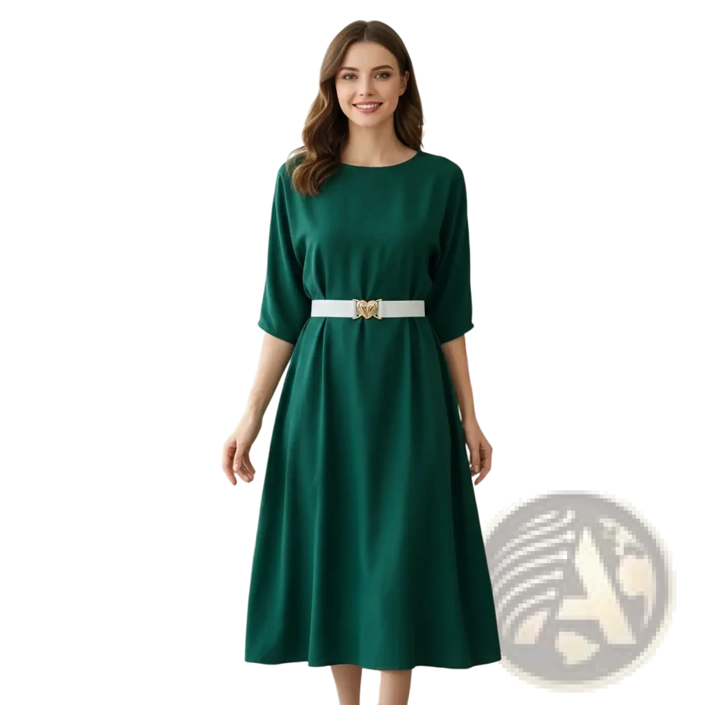 Emerald green midi dress with round neckline three-quarter sleeves and women elastic heart white belt with gold buckle