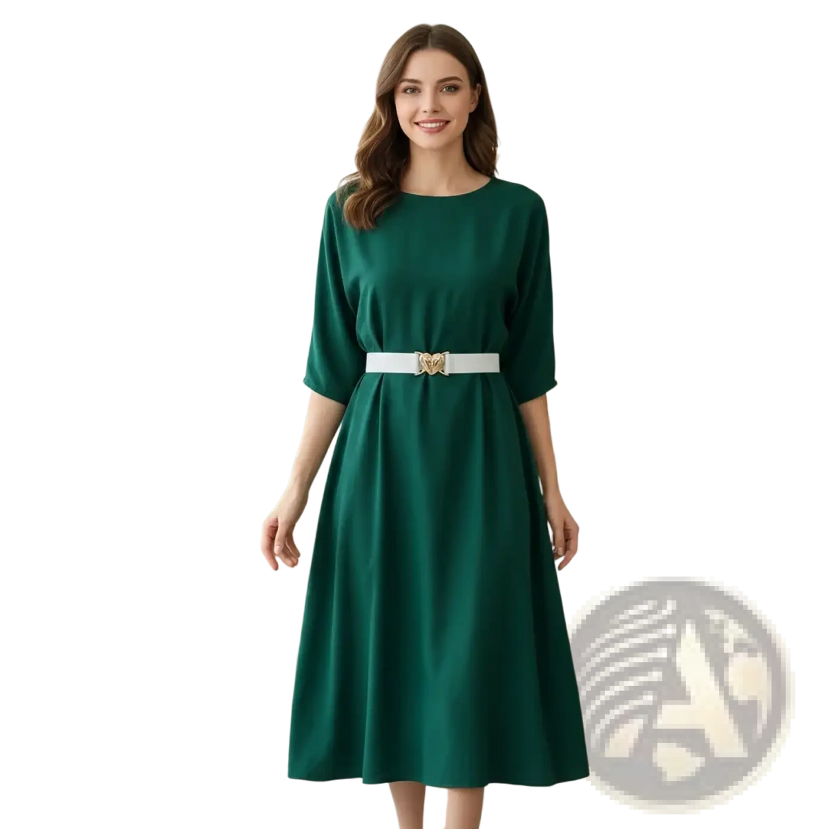 Emerald green midi dress with round neckline three-quarter sleeves and women elastic heart white belt with gold buckle