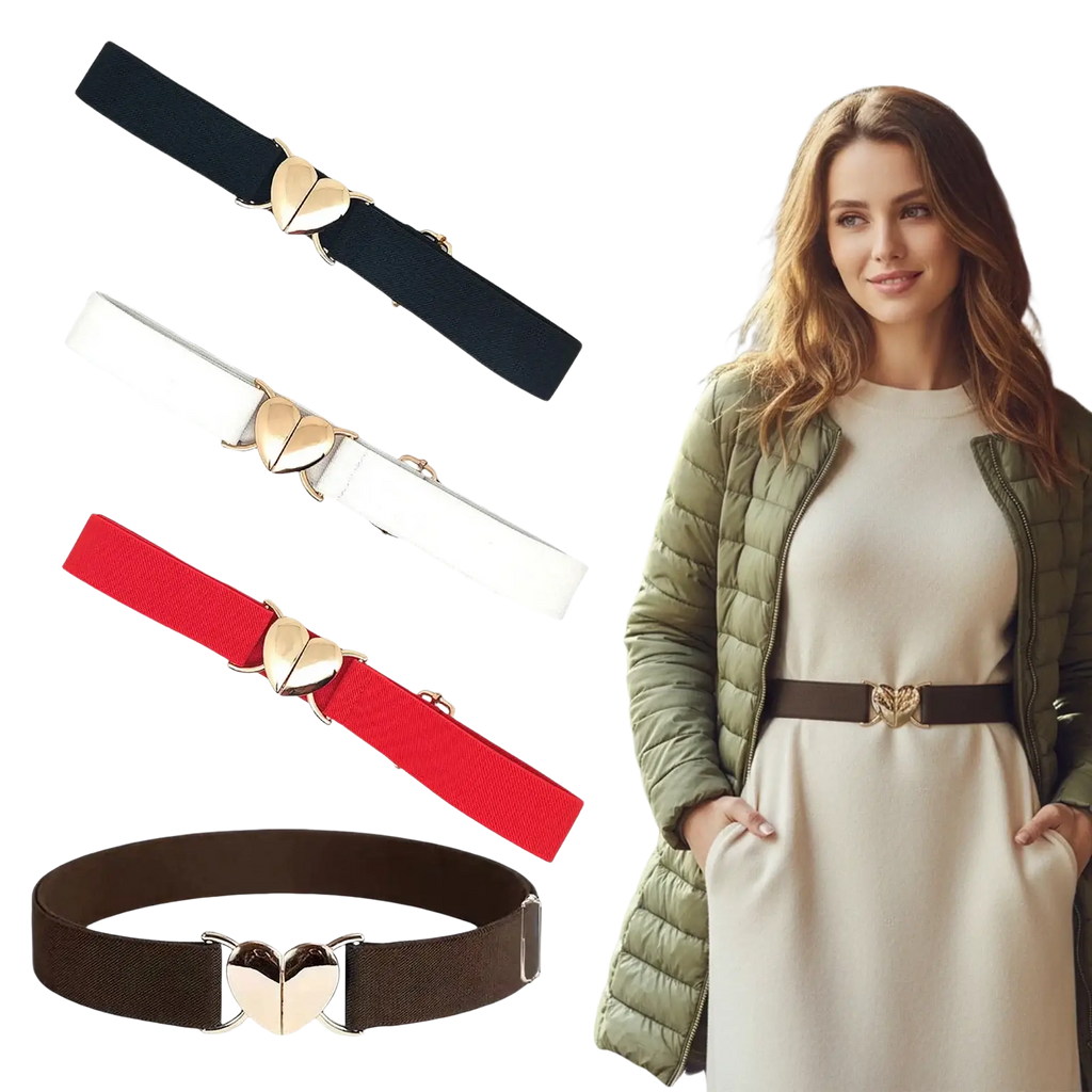 Women elastic heart buckle belt in black white red or brown fabric with gold-tone metallic heart-shaped buckle