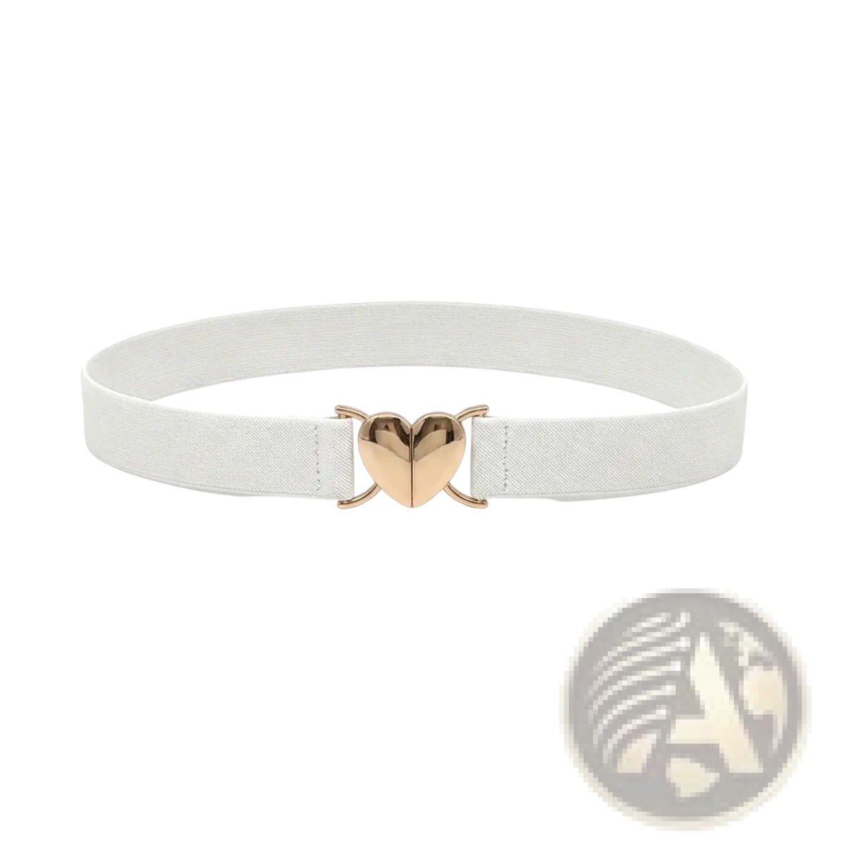 White elastic women belt featuring a gold-tone heart-shaped buckle for stylish and flexible wear