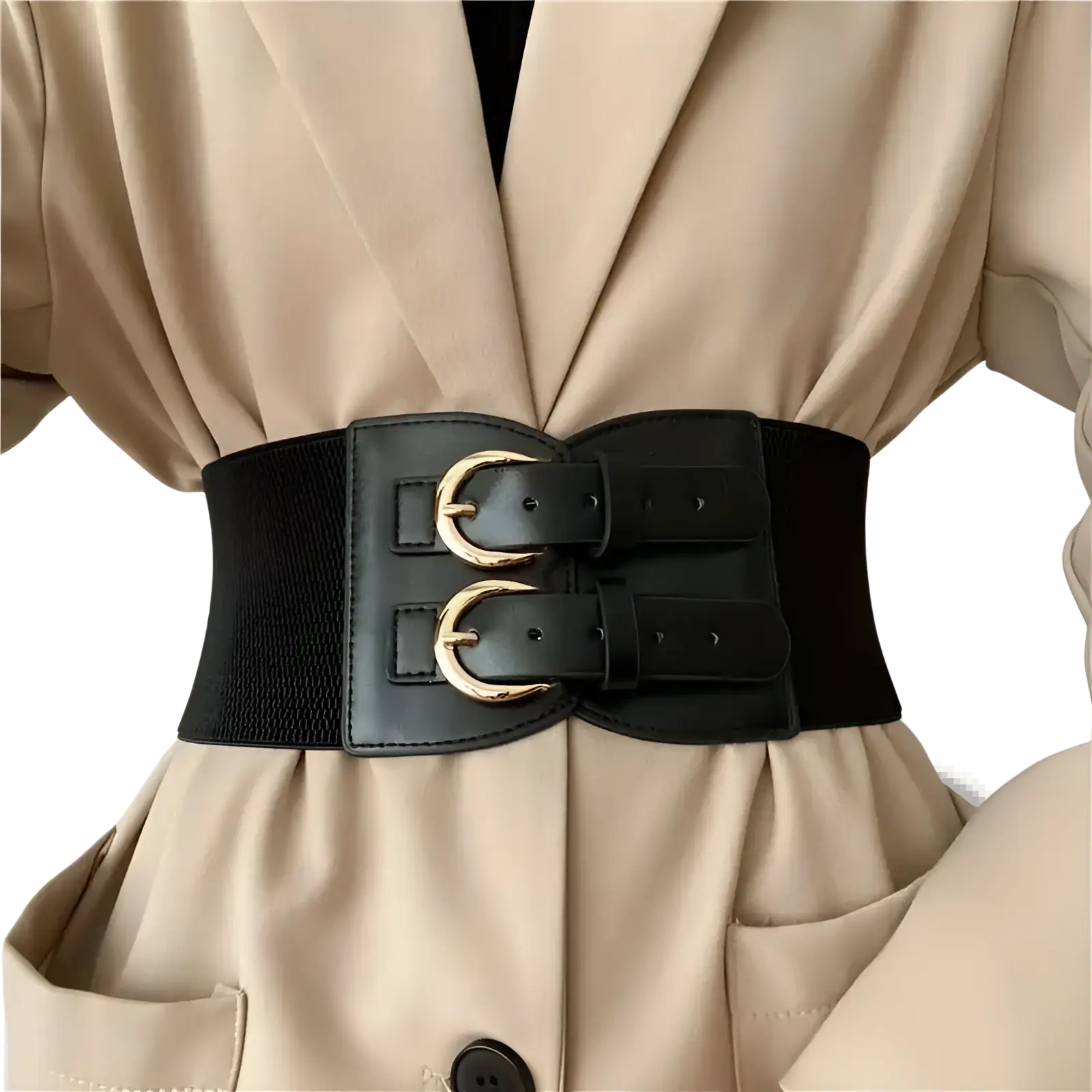 Women elastic waist belt in black with double gold-toned buckle closures and faux leather accents
