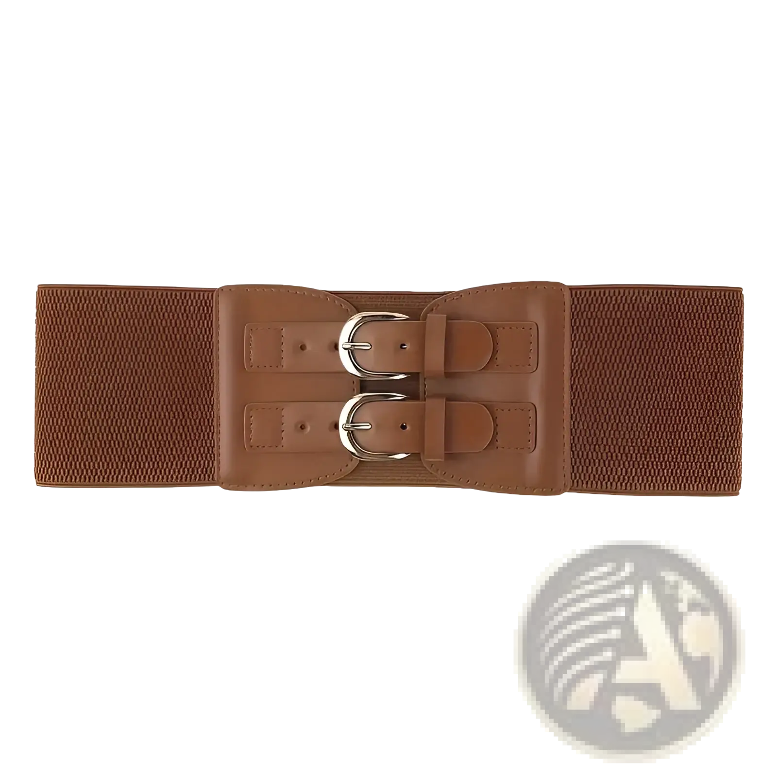 Brown women elastic waist belt with double silver-toned buckles and a faux leather center panel