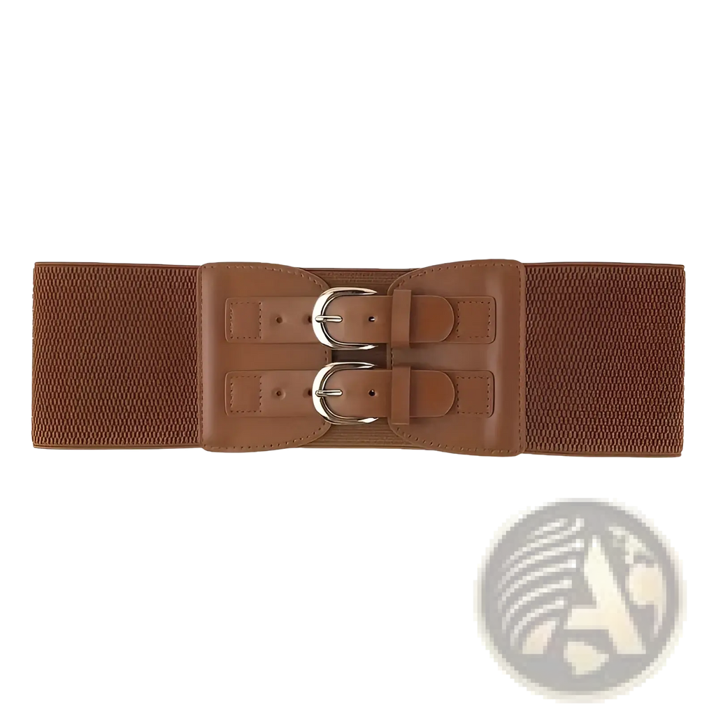 Brown women elastic waist belt with double silver-toned buckles and a faux leather center panel