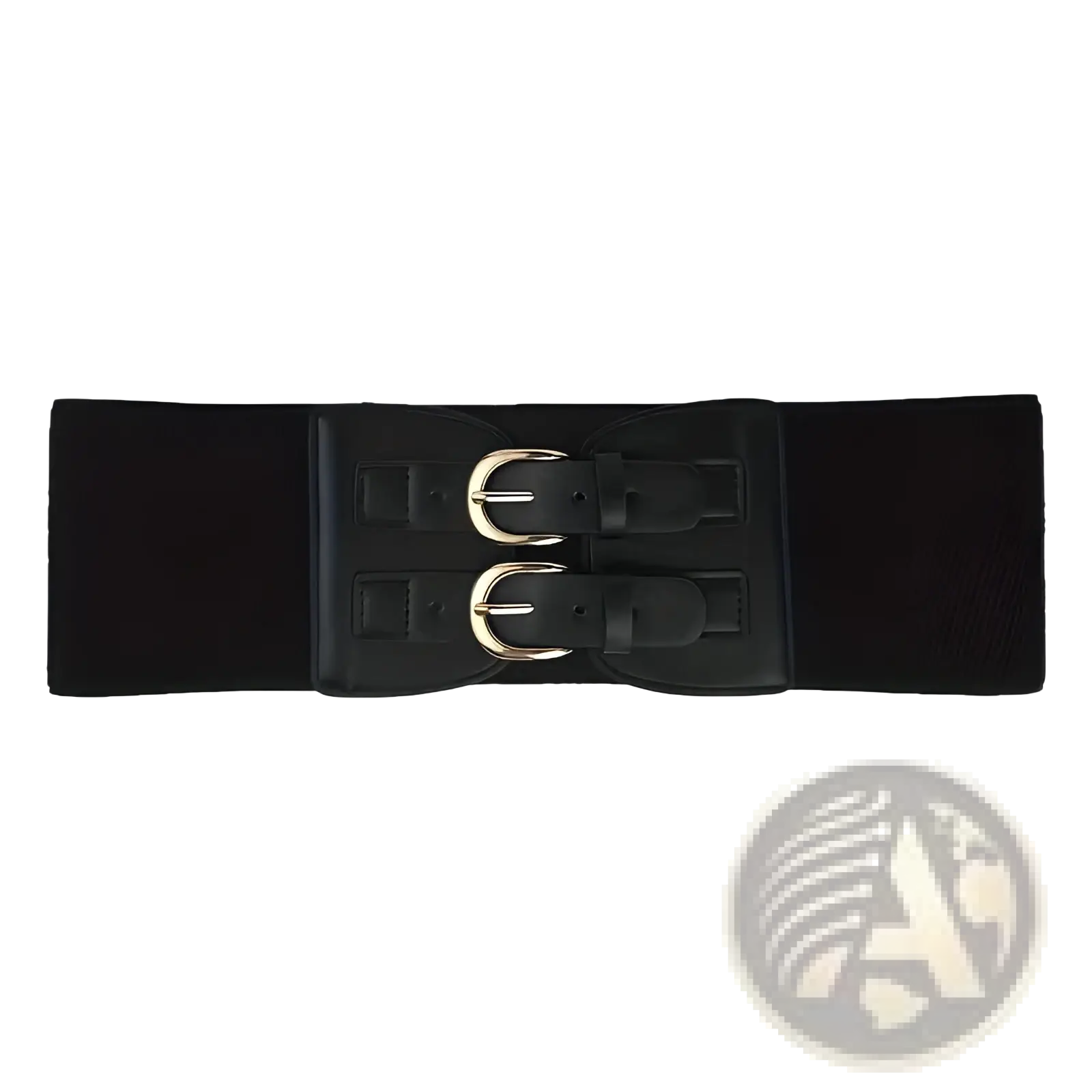 Women elastic waist belt in black with double silver-toned metal buckles and black leather-like straps closure