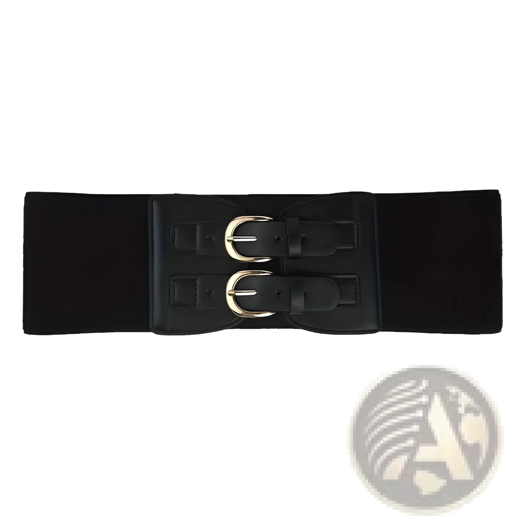 Women elastic waist belt in black with double silver-toned metal buckles and black leather-like straps closure