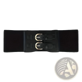 Women elastic waist belt in black with double silver-toned metal buckles and black leather-like straps closure