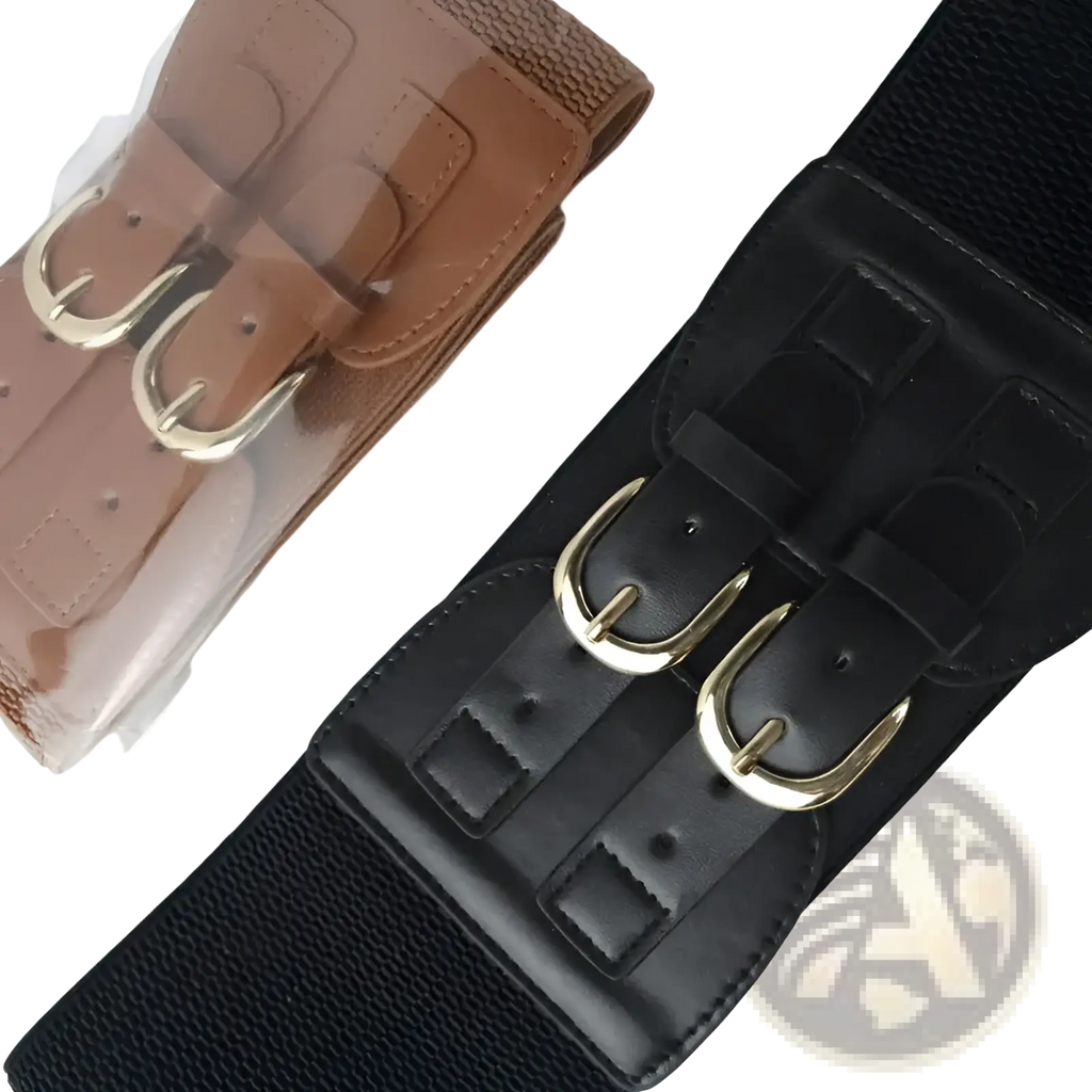 Black women elastic waist belt with double gold-tone buckles and brown leather accents for stylish fit