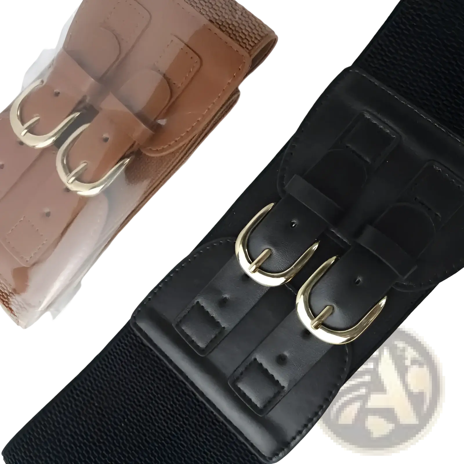 Black women elastic waist belt with double gold-tone buckles and brown leather accents for stylish fit