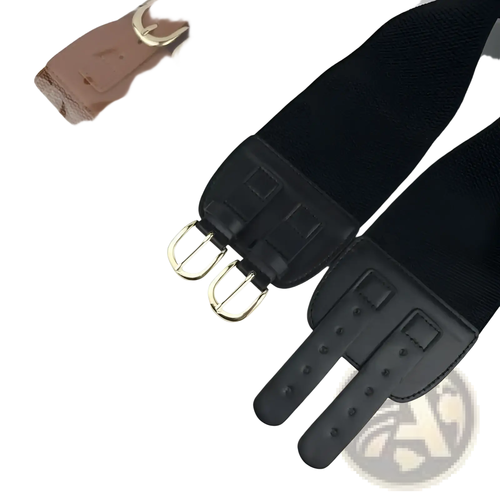 Women elastic waist belt in black with gold-tone double buckles and matte black leather-like buckle plate