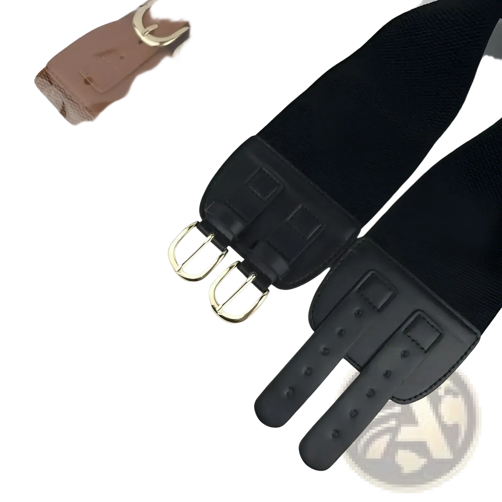 Women elastic waist belt in black with gold-tone double buckles and matte black leather-like buckle plate