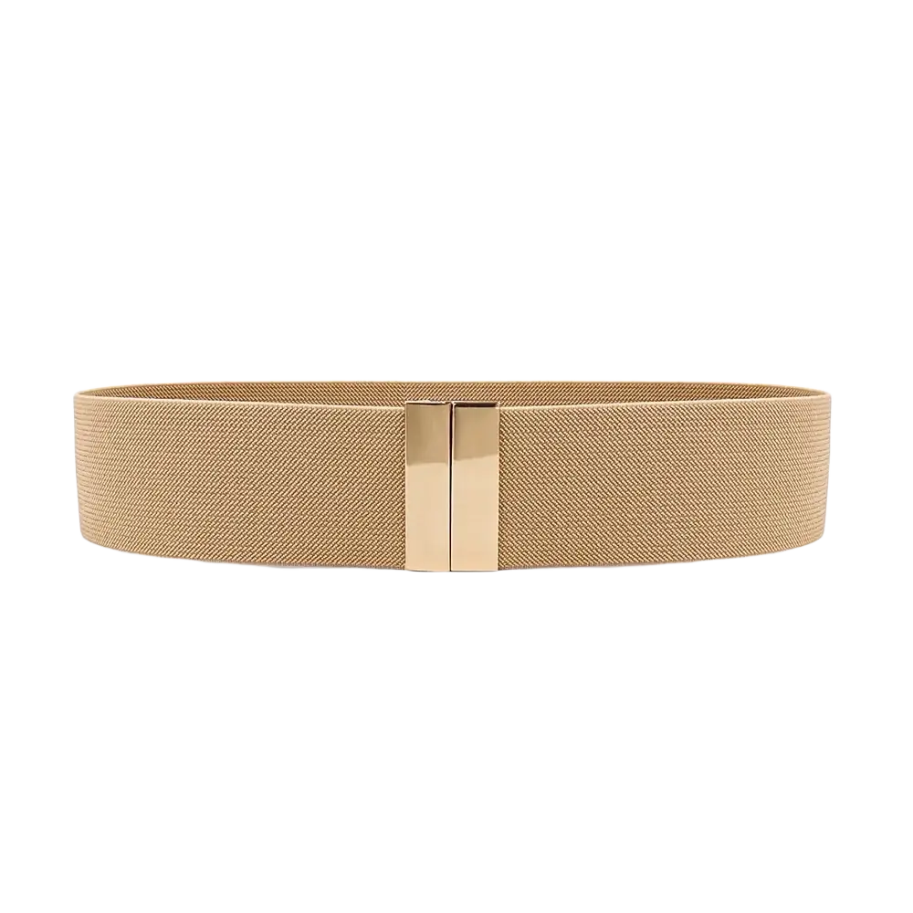 Beige woven elastic women waist belt with a sleek gold-tone geometric rectangular buckle for stylish fit
