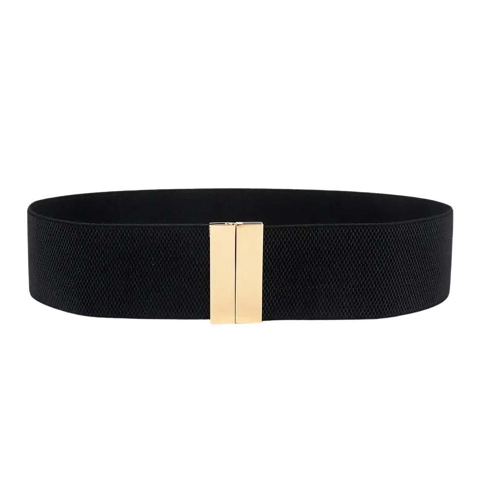 Black elastic waist belt for women with a sleek gold-tone rectangular geometric buckle made of flexible material