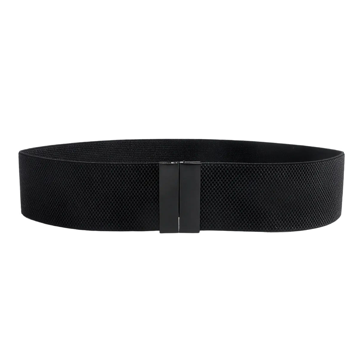 Black women elastic waist belt with textured woven fabric and sleek minimalist geometric rectangular buckle