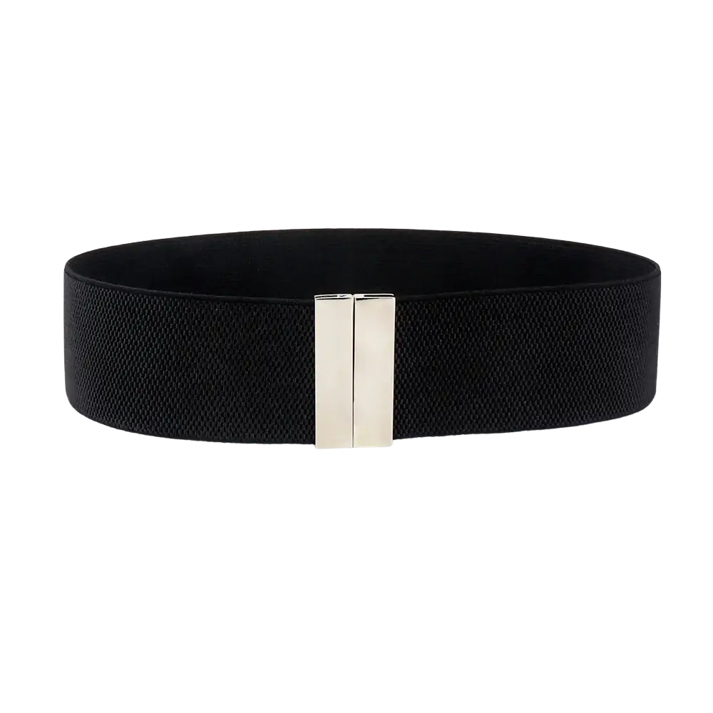 Black women elastic waist belt with a geometric sleek silver rectangular buckle and stretchy material