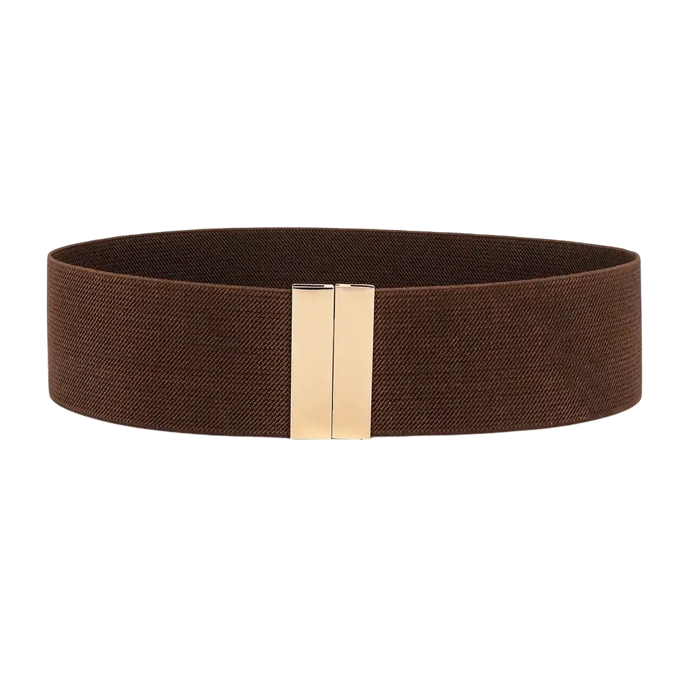 Brown women elastic waist belt with geometric gold-tone rectangular buckle and elastic material for comfortable fit