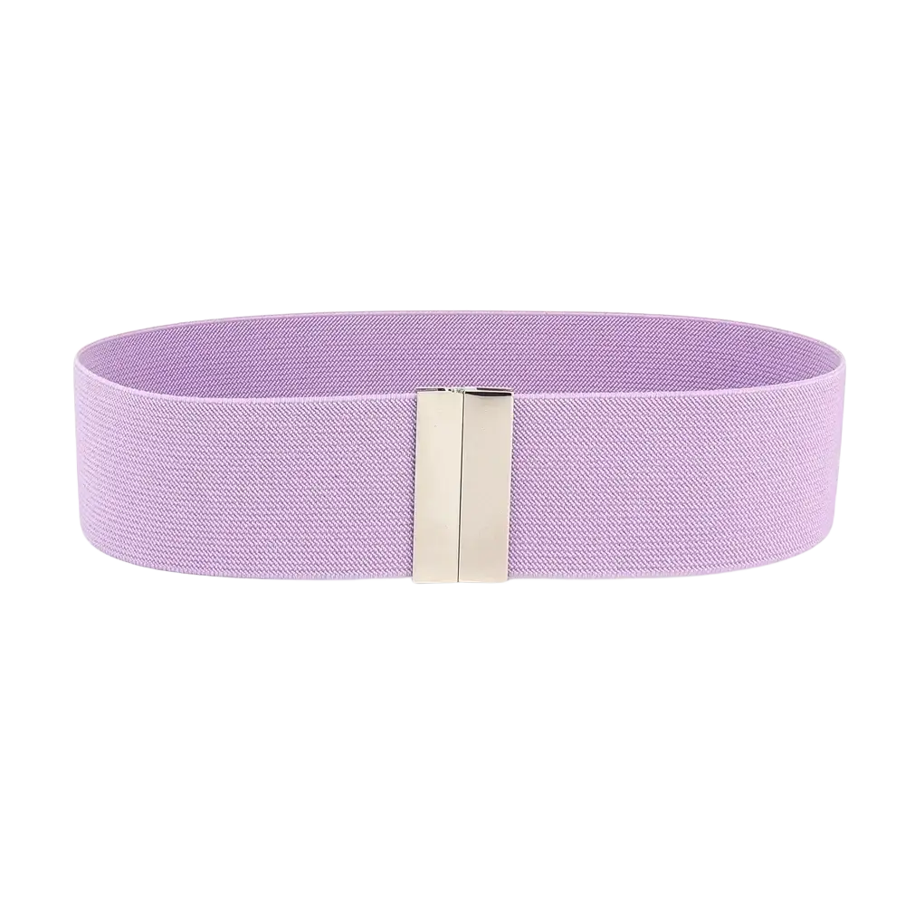 Lavender elastic waist belt for women with a sleek silver geometric rectangular buckle and stretchable material