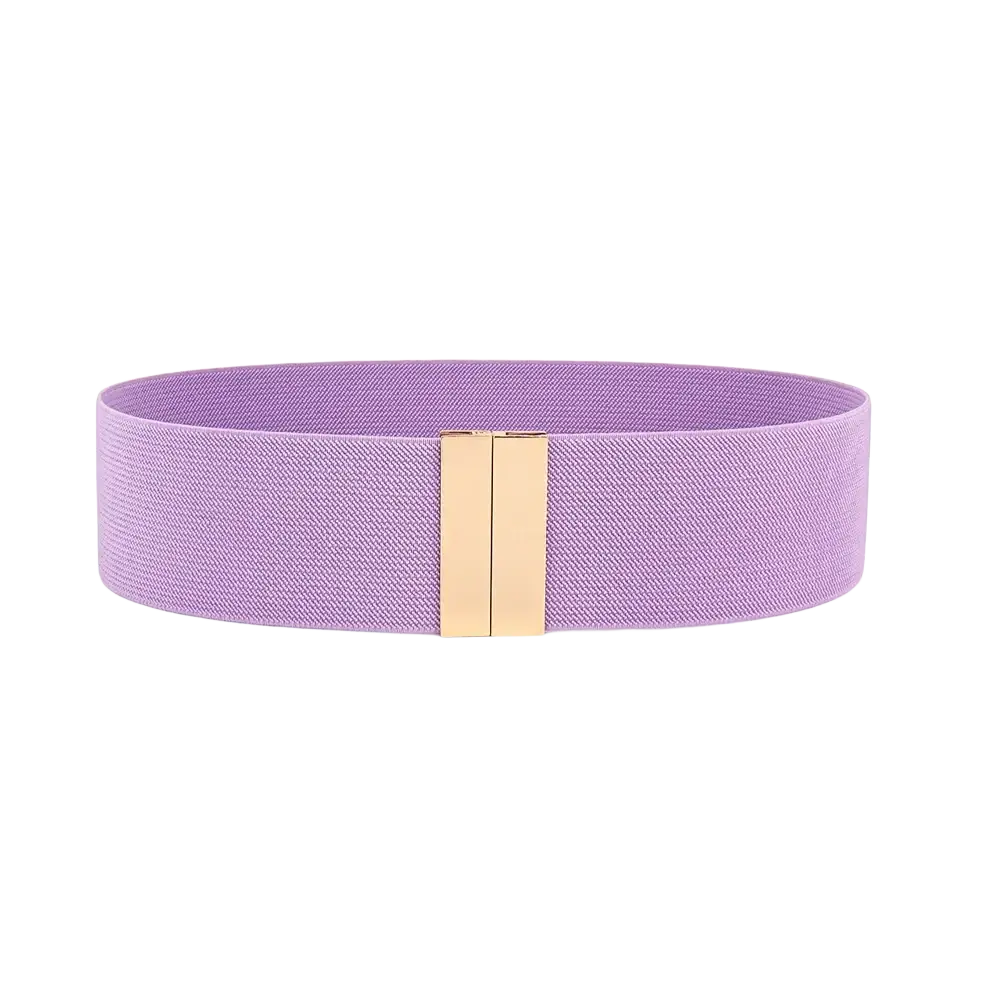 Women elastic waist belt featuring a lavender elastic band and a sleek gold-tone geometric rectangular buckle